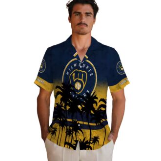 Personalized Milwaukee Brewers Summer Hawaiian Shirt - Tropical Sunset Navy Aloha Style