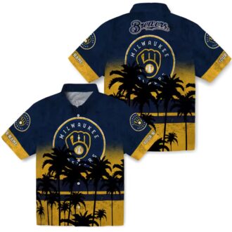 Personalized Milwaukee Brewers Summer Hawaiian Shirt - Tropical Sunset Navy Aloha Style