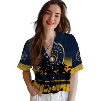 Personalized Milwaukee Brewers Summer Hawaiian Shirt - Tropical Sunset Navy Aloha Style