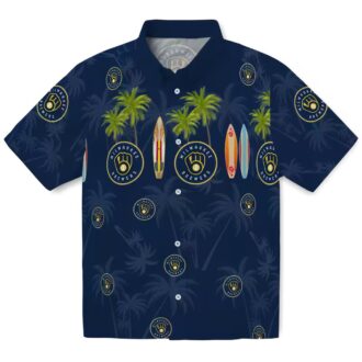 Shop Milwaukee Brewers Hawaiian Shirt - Palm Surfboard Navy Blue Baseball Apparel