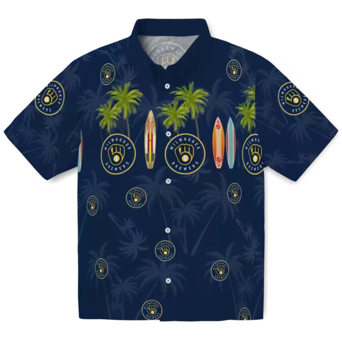 Shop Milwaukee Brewers Hawaiian Shirt - Palm Surfboard Navy Blue Baseball Apparel