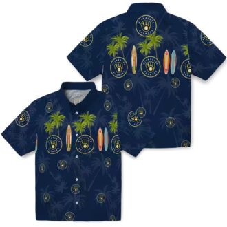 Shop Milwaukee Brewers Hawaiian Shirt - Palm Surfboard Navy Blue Baseball Apparel