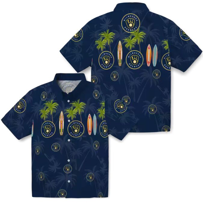 Shop Milwaukee Brewers Hawaiian Shirt - Palm Surfboard Navy Blue Baseball Apparel