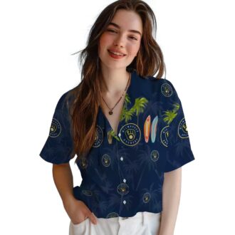 Shop Milwaukee Brewers Hawaiian Shirt - Palm Surfboard Navy Blue Baseball Apparel