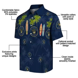 Shop Milwaukee Brewers Hawaiian Shirt - Palm Surfboard Navy Blue Baseball Apparel