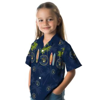 Shop Milwaukee Brewers Hawaiian Shirt - Palm Surfboard Navy Blue Baseball Apparel