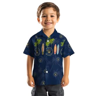Shop Milwaukee Brewers Hawaiian Shirt - Palm Surfboard Navy Blue Baseball Apparel