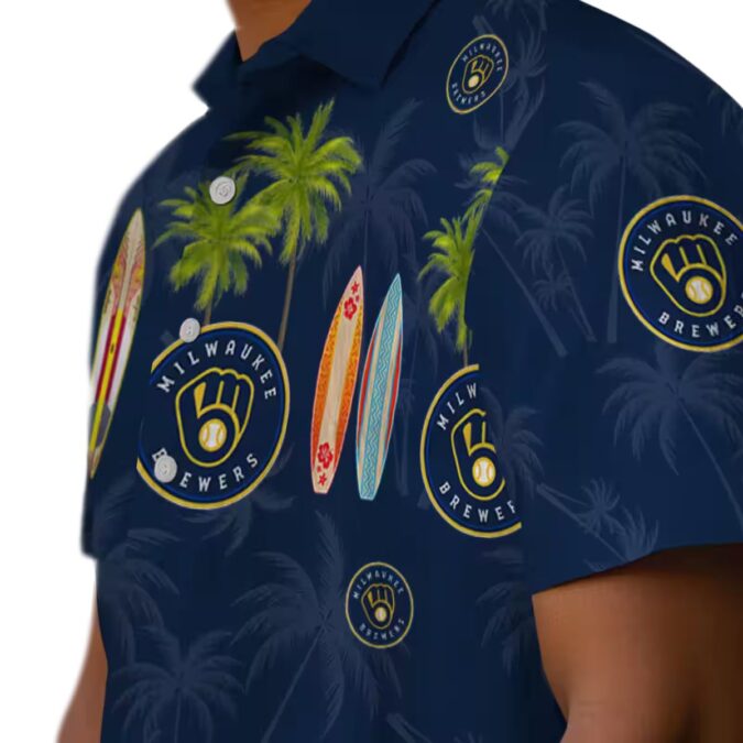 Shop Milwaukee Brewers Hawaiian Shirt - Palm Surfboard Navy Blue Baseball Apparel