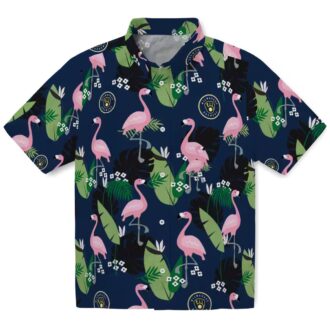 Trend Milwaukee Brewers Tropical Hawaiian Shirt - Navy Blue Flamingo Leaf Button-Up for Baseball Fans