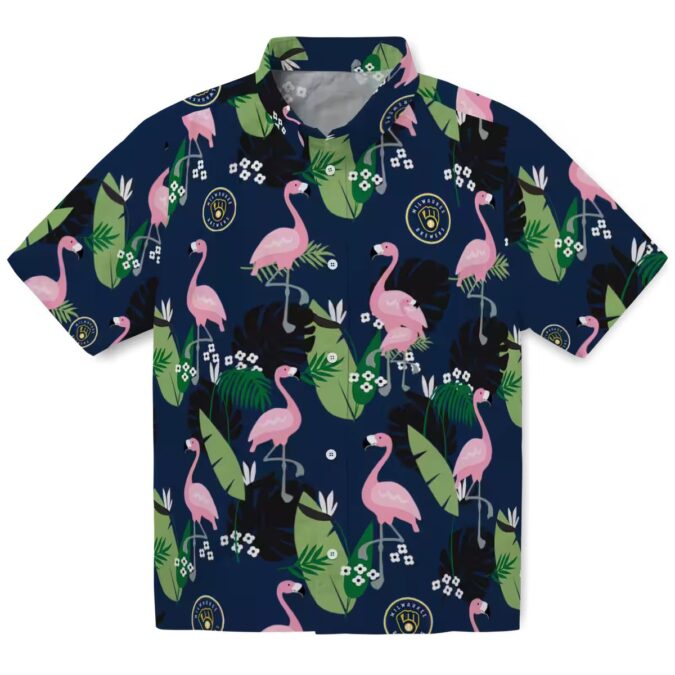 Trend Milwaukee Brewers Tropical Hawaiian Shirt - Navy Blue Flamingo Leaf Button-Up for Baseball Fans