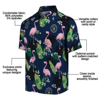 Trend Milwaukee Brewers Tropical Hawaiian Shirt - Navy Blue Flamingo Leaf Button-Up for Baseball Fans