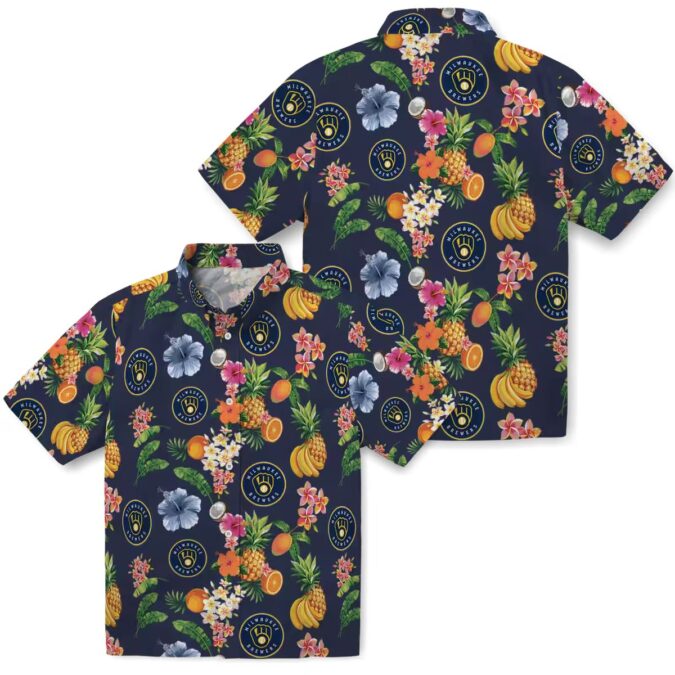 Tropical Navy Blue Milwaukee Brewers Hawaiian Shirt - Summer Floral & Fruit Button-Up Top