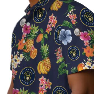 Tropical Navy Blue Milwaukee Brewers Hawaiian Shirt - Summer Floral & Fruit Button-Up Top