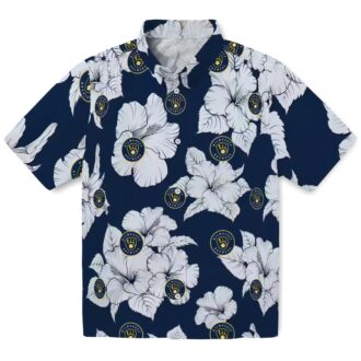 Women's Brewers Navy Blue White Hawaiian Shirt - Hibiscus Blooms Floral MLB Fan Gift