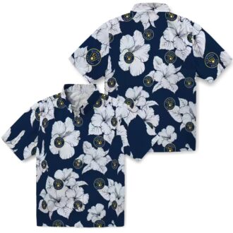 Women's Brewers Navy Blue White Hawaiian Shirt - Hibiscus Blooms Floral MLB Fan Gift