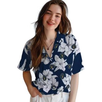 Women's Brewers Navy Blue White Hawaiian Shirt - Hibiscus Blooms Floral MLB Fan Gift