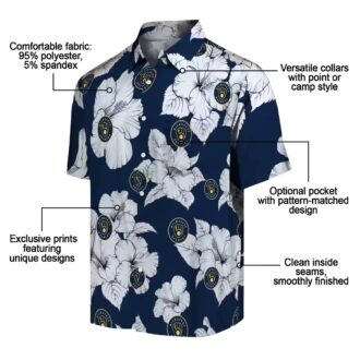 Women's Brewers Navy Blue White Hawaiian Shirt - Hibiscus Blooms Floral MLB Fan Gift