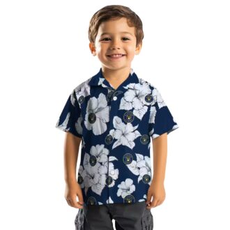 Women's Brewers Navy Blue White Hawaiian Shirt - Hibiscus Blooms Floral MLB Fan Gift