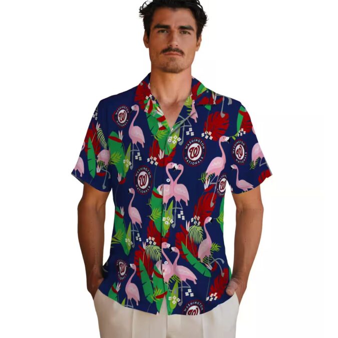 2025 Washington Nationals Flamingo Foliage Red Green Hawaiian Shirt - Perfect MLB Fan Vacation Shirt