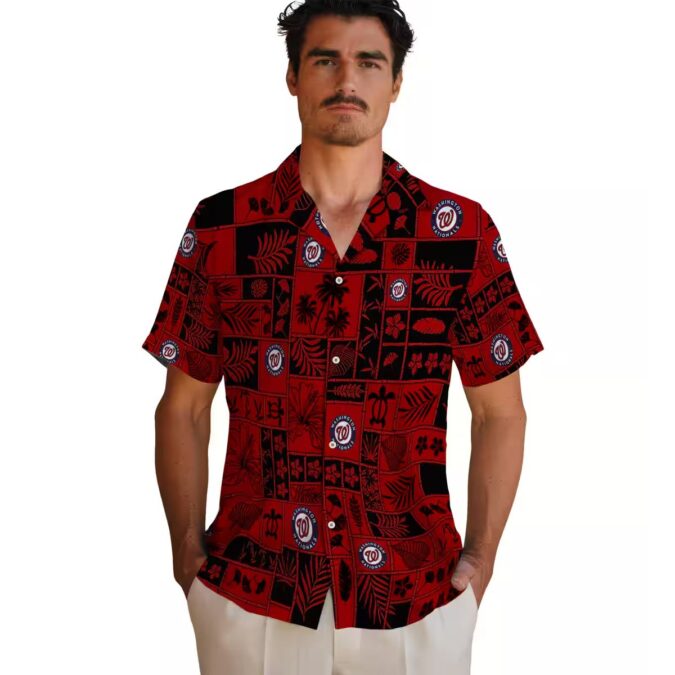 MLB Washington Nationals Floral Hawaiian Shirt - Unique Red Black Patchwork Summer Beachwear