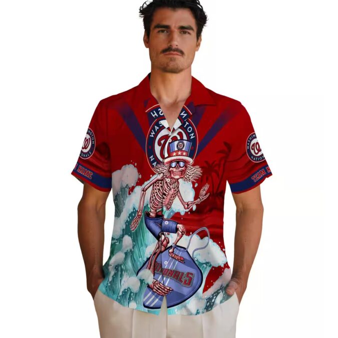 Red & Blue Washington Nationals Surfing Skeleton Hawaiian Shirt - MLB Summer Fan Gear