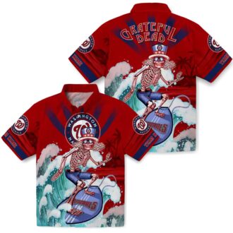 Red & Blue Washington Nationals Surfing Skeleton Hawaiian Shirt - MLB Summer Fan Gear