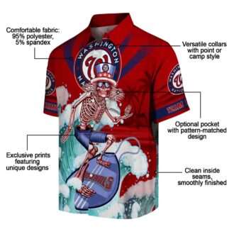 Red & Blue Washington Nationals Surfing Skeleton Hawaiian Shirt - MLB Summer Fan Gear