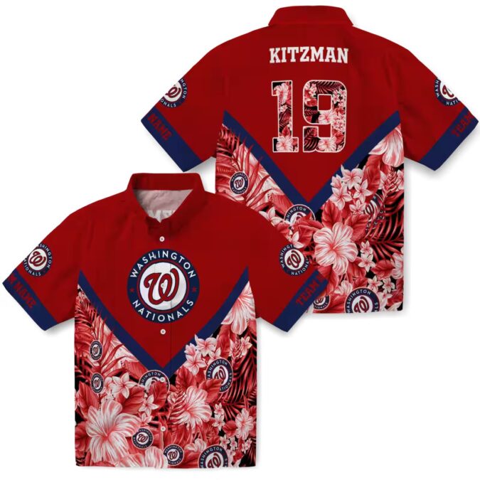 Red Floral Chevron Hawaiian Shirt with Washington Nationals Logo - MLB Summer Apparel