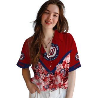 Red Floral Chevron Hawaiian Shirt with Washington Nationals Logo - MLB Summer Apparel