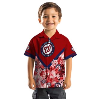 Red Floral Chevron Hawaiian Shirt with Washington Nationals Logo - MLB Summer Apparel