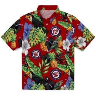 Washington Nationals Baseball Fan Hawaiian Shirt - Red Green Hibiscus Pineapple & Toucan Design