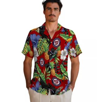 Washington Nationals Baseball Fan Hawaiian Shirt - Red Green Hibiscus Pineapple & Toucan Design