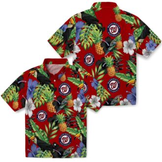 Washington Nationals Baseball Fan Hawaiian Shirt - Red Green Hibiscus Pineapple & Toucan Design