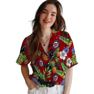 Washington Nationals Baseball Fan Hawaiian Shirt - Red Green Hibiscus Pineapple & Toucan Design