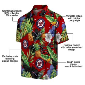 Washington Nationals Baseball Fan Hawaiian Shirt - Red Green Hibiscus Pineapple & Toucan Design