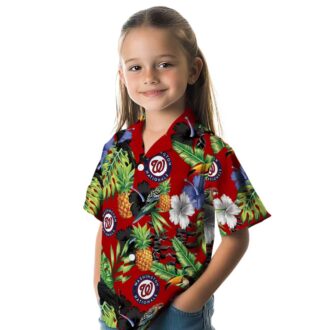 Washington Nationals Baseball Fan Hawaiian Shirt - Red Green Hibiscus Pineapple & Toucan Design