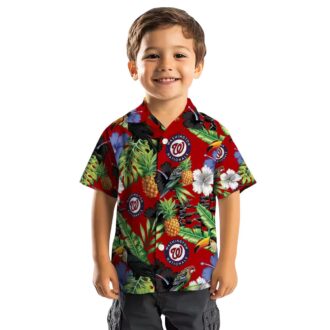 Washington Nationals Baseball Fan Hawaiian Shirt - Red Green Hibiscus Pineapple & Toucan Design