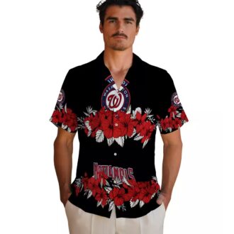 Washington Nationals MLB Hawaiian Shirt - Red & Black Hibiscus Stripe Tropical Summer Shirt for Fans