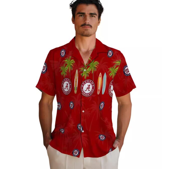 Washington Nationals Surfboard Palm Hawaiian Shirt - Red MLB Fan Beach Vacation Shirt