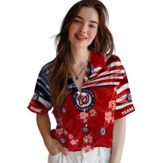 Washington Nationals US Flag Hibiscus Hawaiian Shirt - Red Summer Shirt for MLB Fans