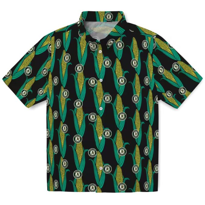 Black Green Oakland Athletics Shirt - Tropical Corn Motif Hawaiian Style
