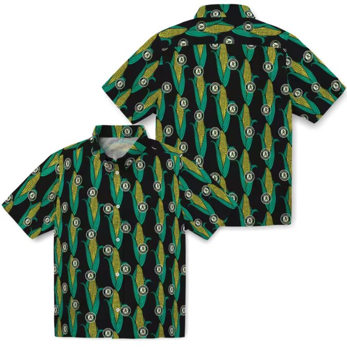 Black Green Oakland Athletics Shirt - Tropical Corn Motif Hawaiian Style