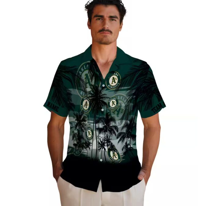 Custom Oakland Athletics Luau Party Shirt - Tropical Sunset Green Black Hawaiian Shirt