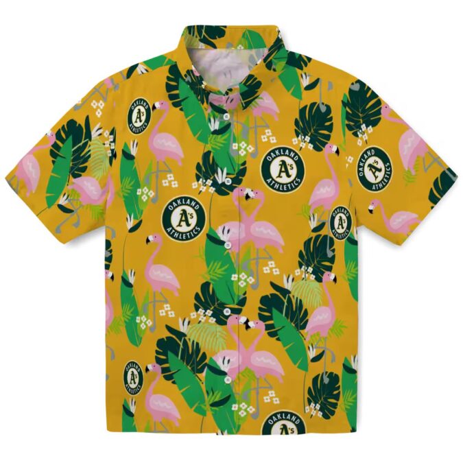 Flamingo Print Oakland A’s Hawaiian Shirt - Tropical Green Game Day Apparel