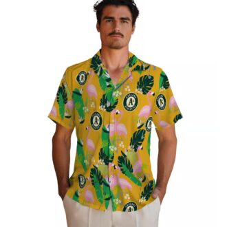 Flamingo Print Oakland A’s Hawaiian Shirt - Tropical Green Game Day Apparel