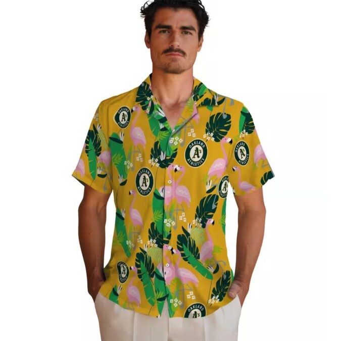 Flamingo Print Oakland A’s Hawaiian Shirt - Tropical Green Game Day Apparel