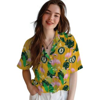 Flamingo Print Oakland A’s Hawaiian Shirt - Tropical Green Game Day Apparel
