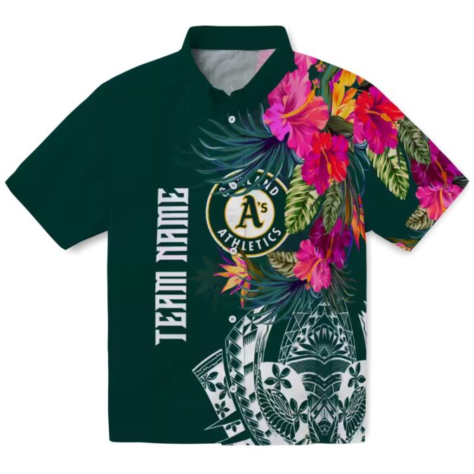 Floral Green Oakland A’s Hawaiian Shirt - Green Floral Polynesian MLB Fan Gift