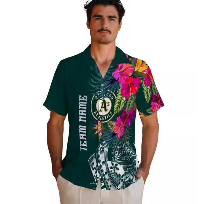 Floral Green Oakland A’s Hawaiian Shirt - Green Floral Polynesian MLB Fan Gift