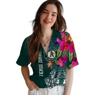 Floral Green Oakland A’s Hawaiian Shirt - Green Floral Polynesian MLB Fan Gift